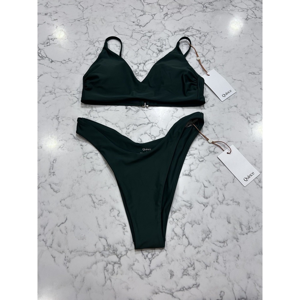 NWT Quince Palm Green Italian V Neck Bikini Top & High Leg Dipped Bottom Small